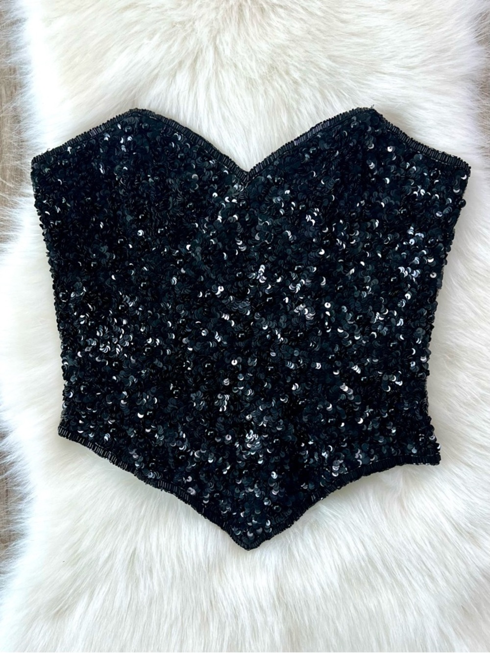 Black Sequin & Beaded Corseted Strapless Bustier Sweetheart Top Size Medium